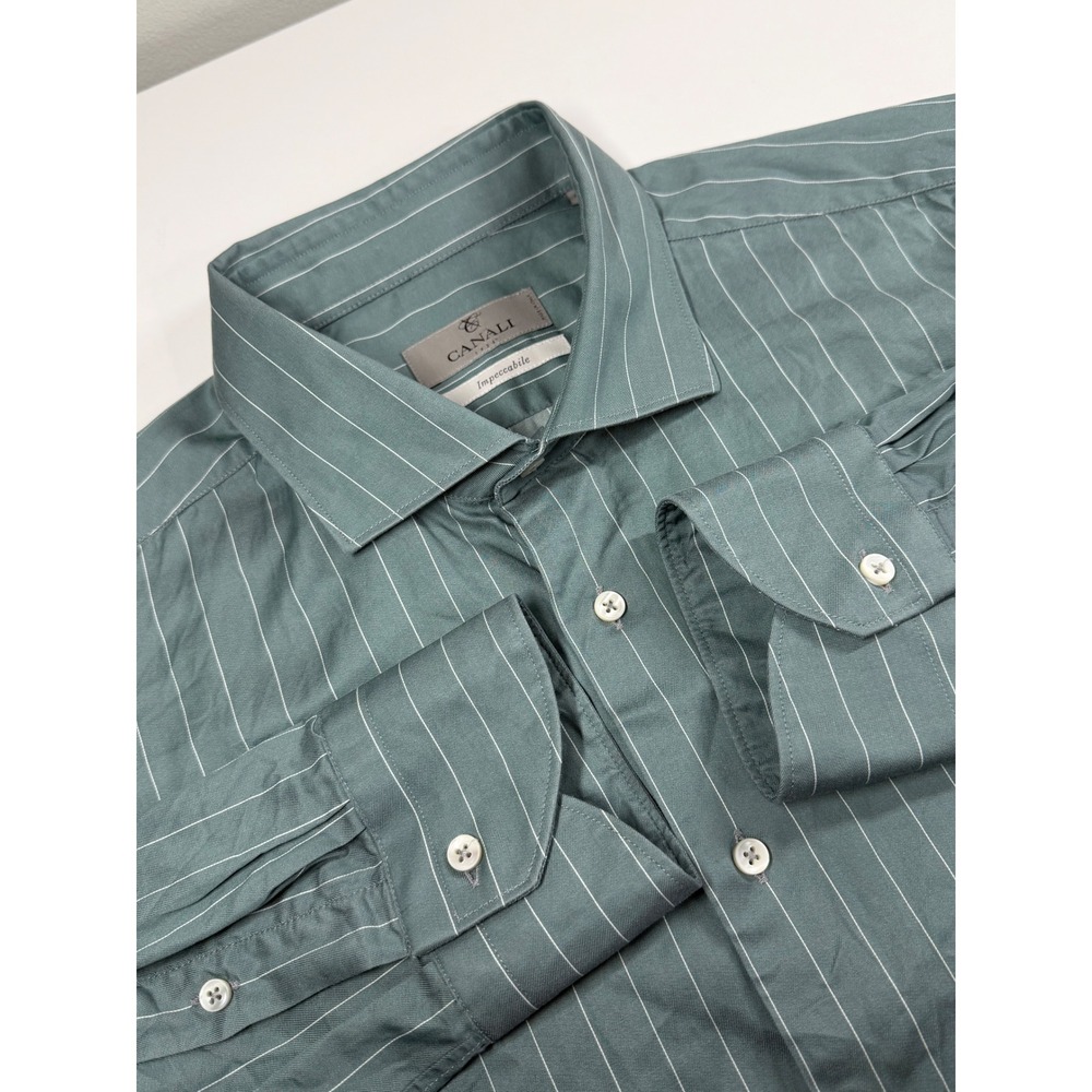 Canali Dress Shirt Sage Green Pinstripe Impeccabile Cotton 17.5 44
